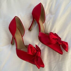 Jewel Badgley Mischka Red Satin Bow Heels